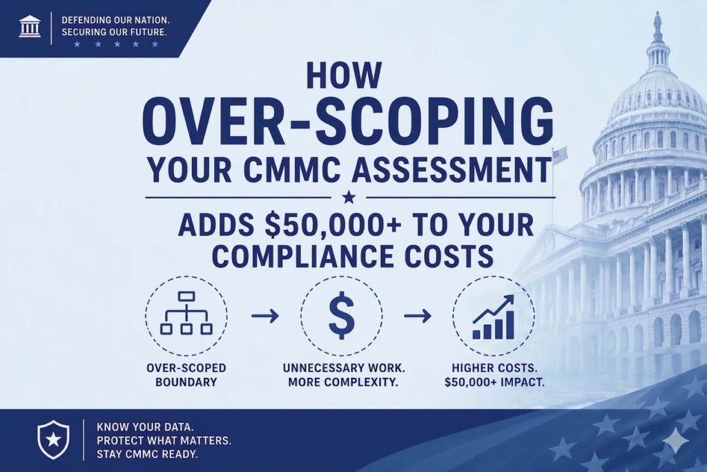 MMC scope reduction cost comparison showing $545,000 whole-environment scope vs $352,200 enclave scope saving defense contractors $192,800