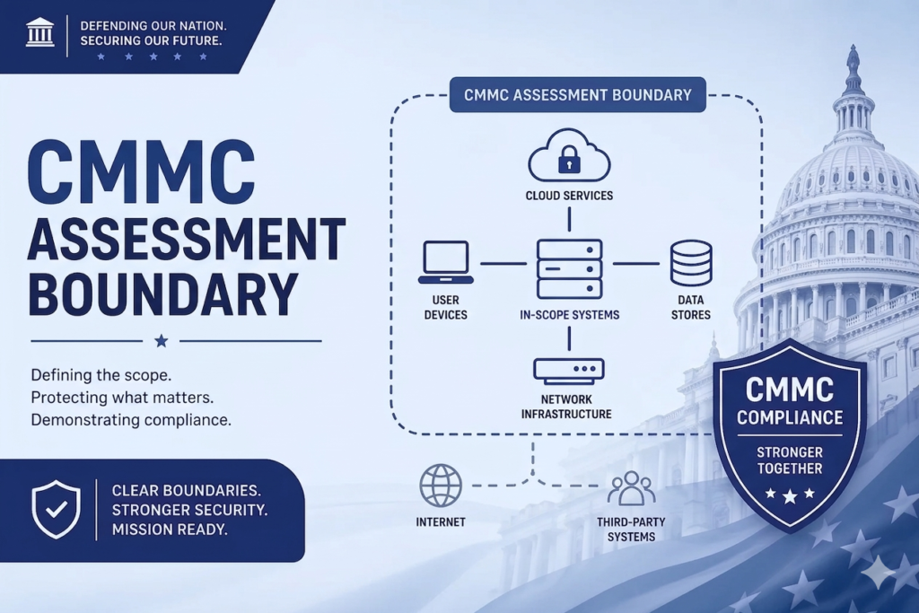 Diagram showing a CMMC assessment boundary with in-scope CUI assets inside an enclave and out-of-scope business systems outside