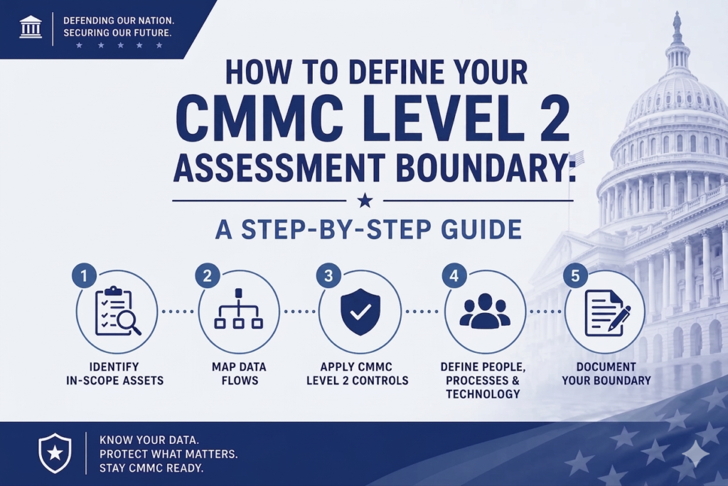CMMC Level 2 assessment boundary step-by-step scoping process showing the 9 stages from contract review through mock assessment