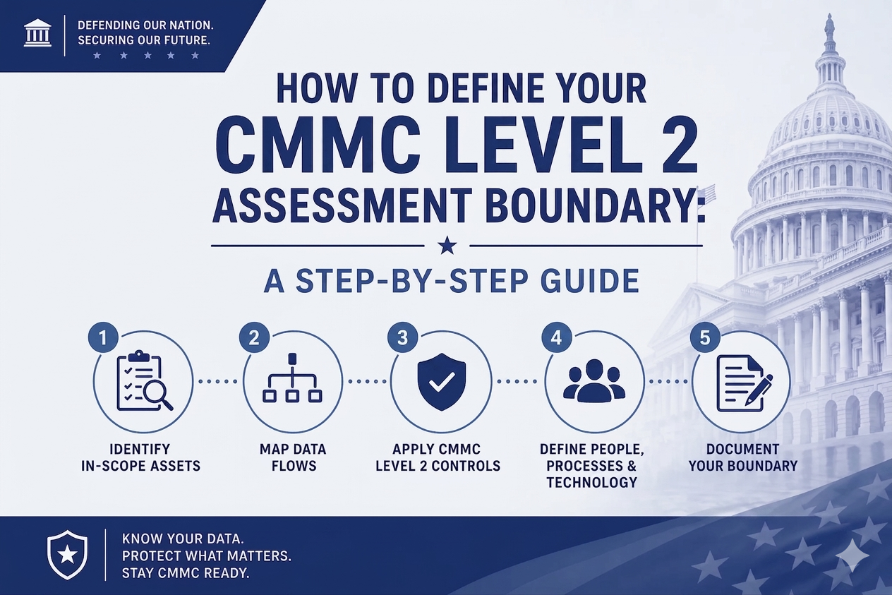 CMMC Level 2 assessment boundary step-by-step scoping process showing the 9 stages from contract review through mock assessment