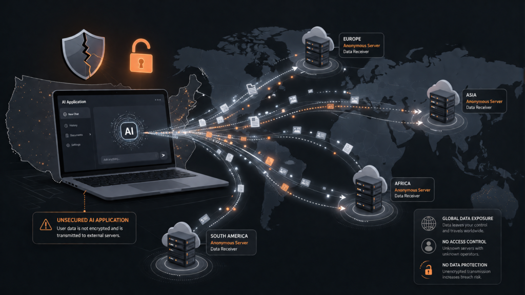 Diagram showing data leaving a laptop and traveling to remote AI servers, illustrating AI data risk for CUI and CMMC compliance