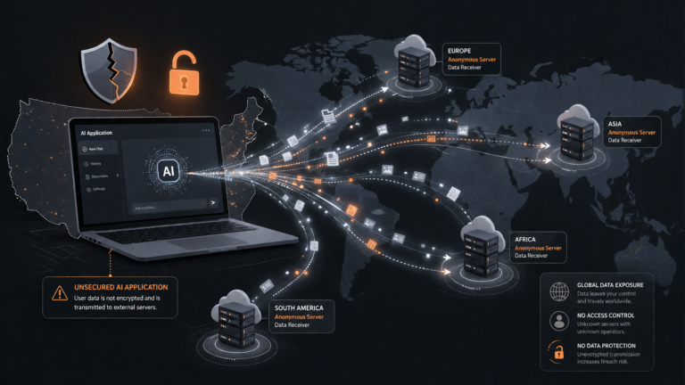 Diagram showing data leaving a laptop and traveling to remote AI servers, illustrating AI data risk for CUI and CMMC compliance